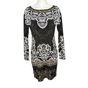 Hale Bob Sheath Dress Long Sleeve Boho Floral Brown Gold Boat Neck Size Medium